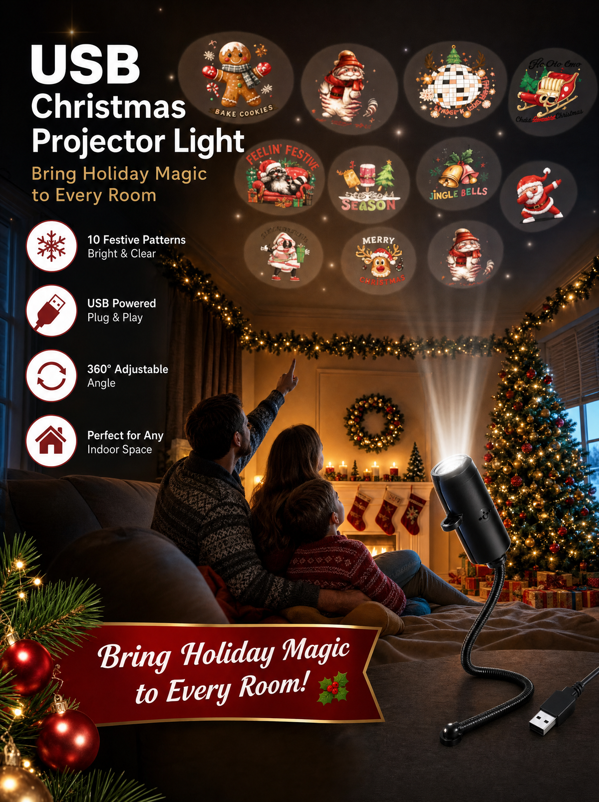 Holiday Glow™ USB Christmas Projector